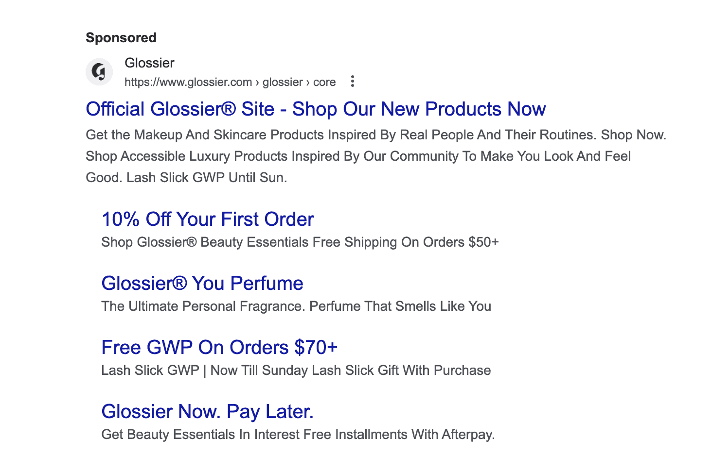 Example of effective Google Ads copy from Glossier