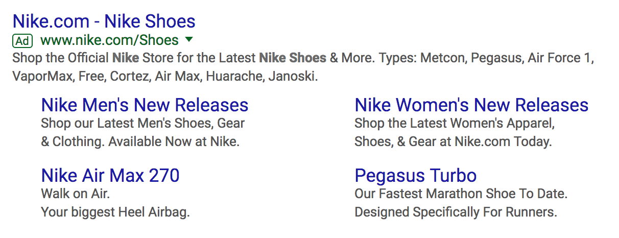 search results showing Nike's Google Ads copy examples